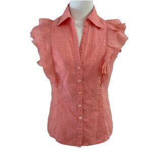 Tracy M 100% Linen Button Down Top Blouse Size S Salmon Ruffle Front Romantic